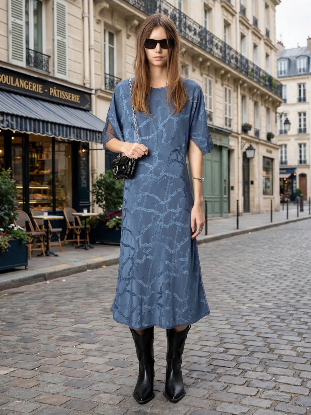 Zadig & Voltaire Rey Silk Mid-Length Dress Slate Blue Printed Sz Medium